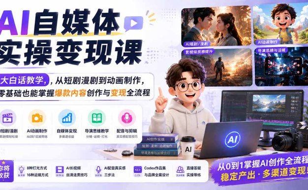 AI自媒体实操变现课｜大白话教学，从短剧漫剧到动画制作，零基础也能掌握爆款内容创作与变现全流程