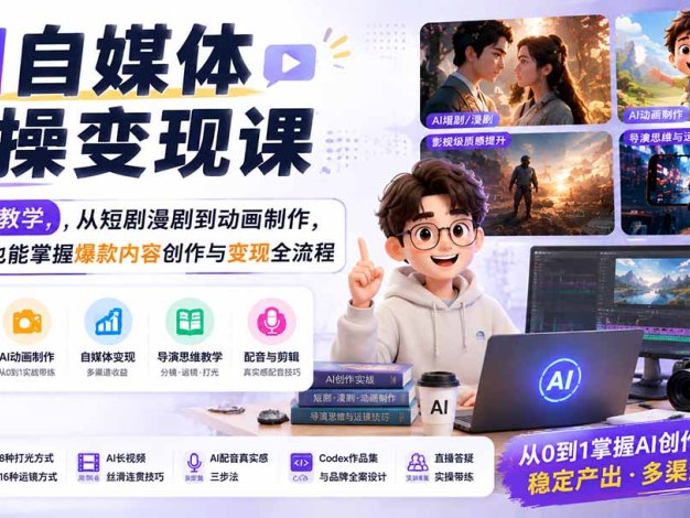 AI自媒体实操变现课|大白话教学,从短剧漫剧到动画制作,零基础也能掌握爆款内容创作与变现全流程