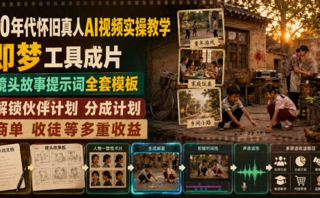 80年代怀旧真人AI视频实操教学,即梦工具成片、镜头故事提示词全套模板,解锁伙伴计划分成计划商单收徒等多重收益