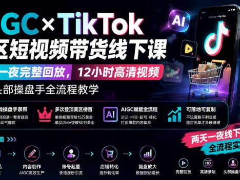 AIGC×TikTok美区短视频带货线下课；两天一夜完整回放，12小时高清视频收录头部操盘手全流程教学