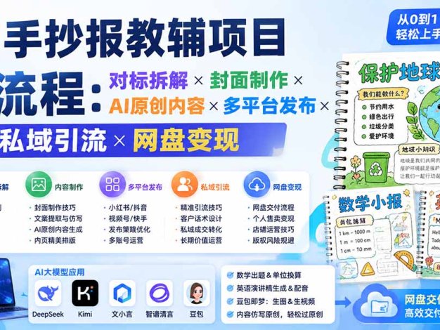AI手抄报教辅项目全流程：对标拆解×封面制作×AI原创内容×多平台发布×私域引流×网盘变现