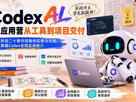 Codex AI实战应用营从工具到项目交付；五大阶段二十章内容案例实操为主线，系统掌握Codex全栈实战能力