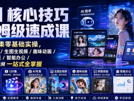 AI核心技巧保姆级速成课｜120集零基础实操，AI写真/生图生视频/趣味动画/修图排版/智能办公/爆款短视频一站式全掌握