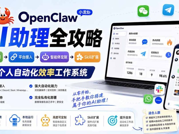 OpenClaw小龙虾 AI助理全攻略:基础部署→平台接入→智能体定制→Skill扩展,搭建个人自动化效率工作系统