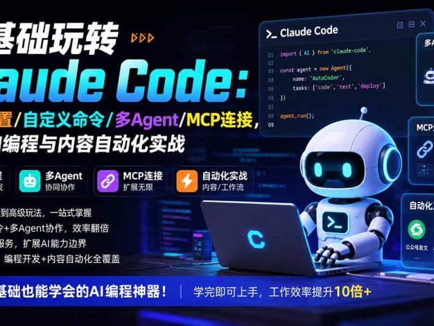 零基础玩转Claude Code:安装配置/自定义命令/多Agent/MCP连接,掌握AI编程与内容自动化实战