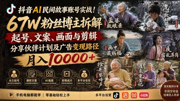 抖音AI民间故事账号实战!67W粉丝博主拆解起号、文案、画面与剪辑,分享伙伴计划及广告变现路径,月入10000+