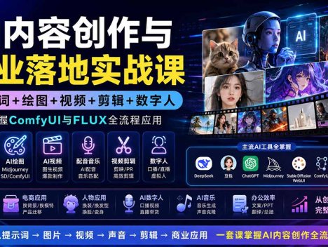 AI内容创作与商业落地实战课：提示词+绘图+视频+剪辑+数字人，系统掌握ComfyUI与FLUX全流程应用