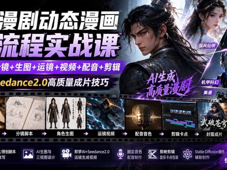 AI漫剧动态漫画全流程实战课：剧本+分镜+生图+运镜+视频+配音+剪辑，掌握Seedance2.0高质量成片技巧