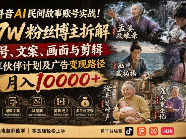 抖音AI民间故事账号实战!67W粉丝博主拆解起号、文案、画面与剪辑,分享伙伴计划及广告变现路径,月入10000+