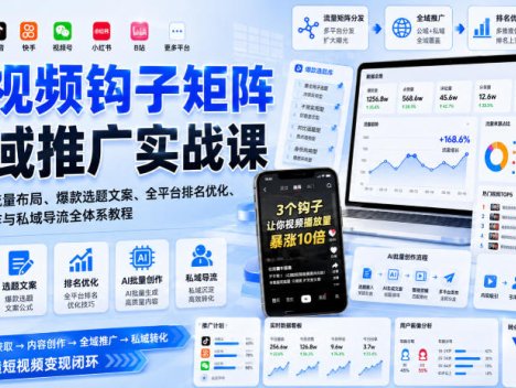 短视频钩子矩阵全域推广实战课｜五大赛道流量布局、爆款选题文案、全平台排名优化、AI批量创作与私域导流全体系教程