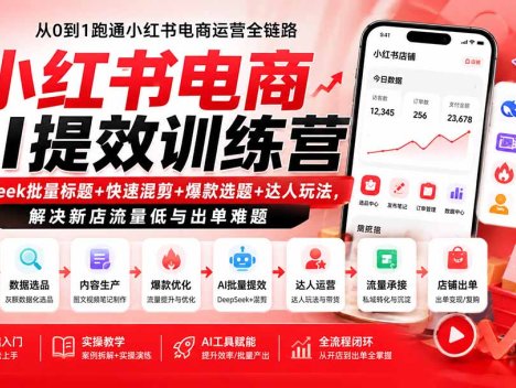 小红书电商AI提效训练营—DeepSeek批量标题+快速混剪+爆款选题+达人玩法，解决新店流量低与出单难题