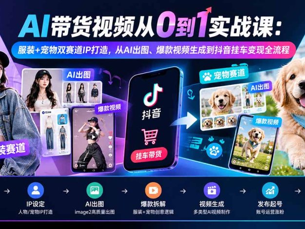 AI带货视频从0到1实战课：服装+宠物双赛道IP打造，从AI出图、爆款视频生成到抖音挂车变现全流程