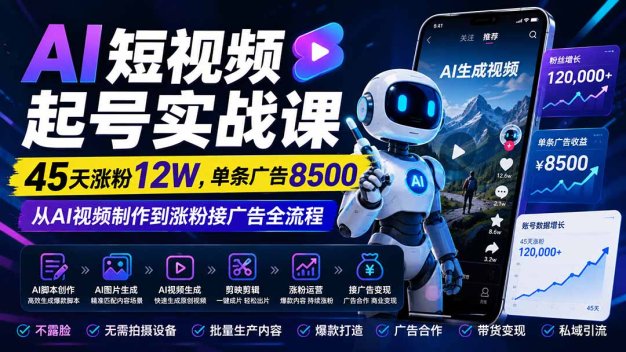 AI短视频起号实战课:45天涨粉12W,单条广告8500,从AI视频制作到涨粉接广告全流程