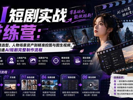 AI短剧实战训练营：从工具链选型、人物场景资产到精准控图与图生视频，零基础跑通AI短剧完整制作流程