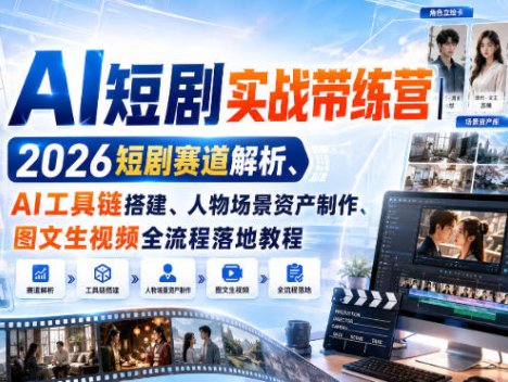 AI短剧实战带练营｜2026短剧赛道解析、AI工具链搭建、人物场景资产制作、图文生视频全流程落地教程