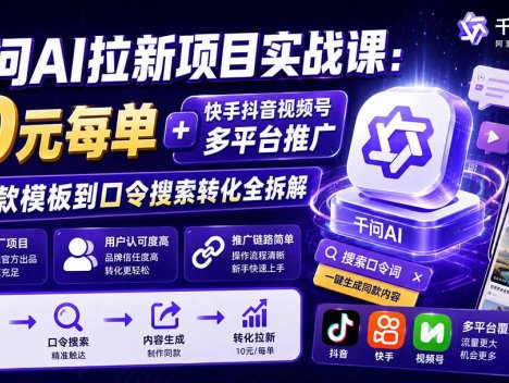 千问AI拉新项目实战课-更新8月：10元每单+快手抖音视频号多平台推广，从爆款模板到口令搜索转化全拆解