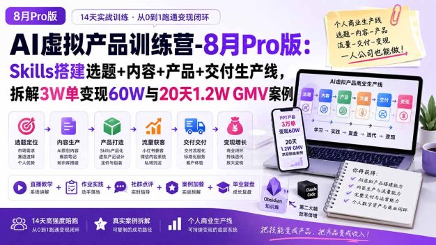 AI虚拟产品训练营-8月Pro版-更新:Skills搭建选题+内容+产品+交付生产线,拆解3W单变现60W与20天1.2W GMV案例
