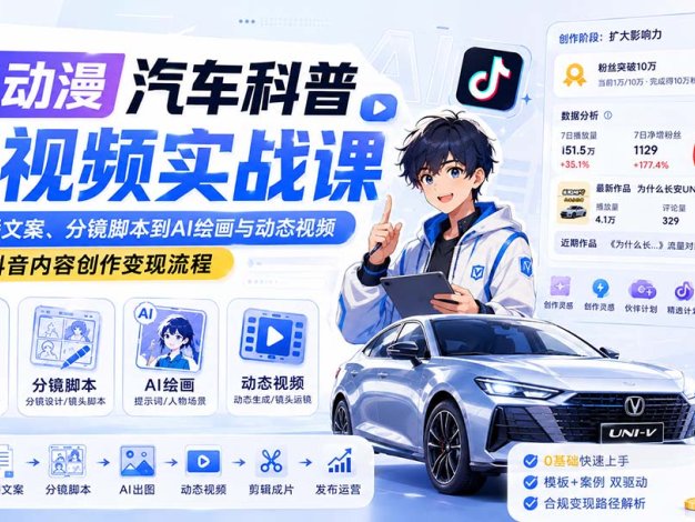 AI动漫汽车科普短视频实战课:从口播文案、分镜脚本到AI绘画与动态视频,跑通抖音内容创作变现流程