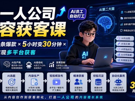 AI一人公司内容获客课-更新8月：日更3条爆款×5小时变30分钟×AI员工自动打工，轻松实现多平台获客