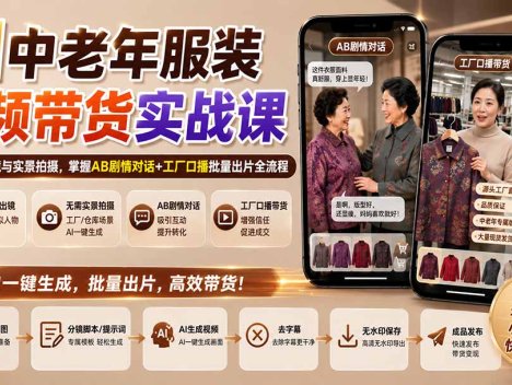 AI中老年服装视频带货实战课：无需真人出镜与实景拍摄，掌握AB剧情对话+工厂口播批量出片全流程