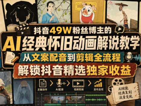 抖音49W粉丝博主的AI经典怀旧动画解说教学，从文案配音到剪辑全流程，解锁抖音精选独家收益