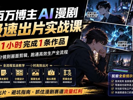 百万博主AI漫剧极速出片实战课：1小时产出条作品，从脚本分镜到画面剪辑，跑通高效生产全流程