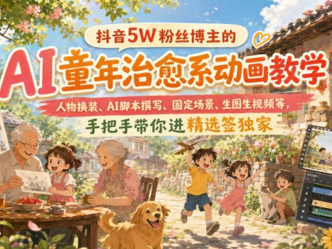 抖音5W粉丝博主的AI童年治愈系动画教学，人物换装、AI脚本撰写、固定场景、生图生视频等，手把手带你进精选签独家