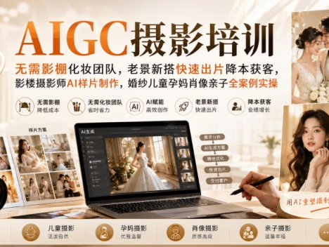 AIGC摄影培训｜无需影棚化妆团队，老景新搭快速出片降本获客，影楼摄影师AI样片制作，婚纱儿童孕妈肖像亲子全案例实操