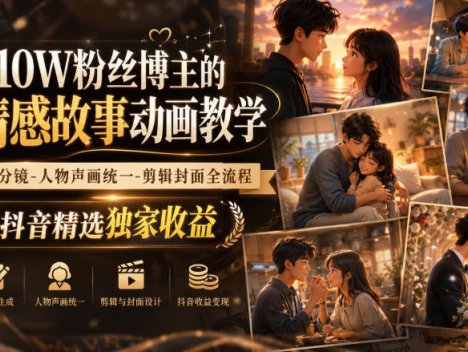 抖音10W粉丝博主的AI情感故事动画教学，灵感剧本‑分镜‑人物声画统一‑剪辑封面全流程，解锁抖音精选独家收益