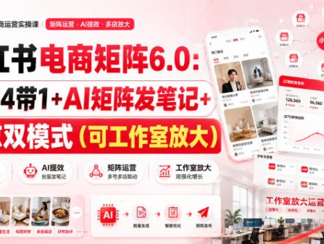 小红书电商矩阵6.0：单店4带1+AI矩阵发笔记+测怼双模式(可工作室放大)