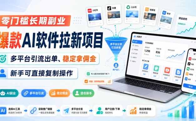 零门槛长期副业,爆款AI软件拉新项目,多平台引流出单、稳定拿佣金,新手可直接复制操作