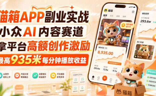 猫箱APP副业实战,小众AI内容赛道,拿平台高额创作激励,最高935米每分钟播放收益