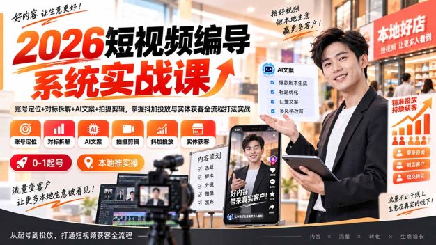 2026短视频编导系统实战课:账号定位+对标拆解+AI文案+拍摄剪辑,掌握抖加投放与实体获客全流程打法实战