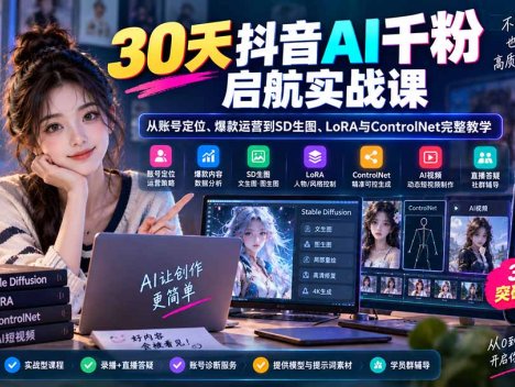 30天抖音AI千粉启航实战课：从账号定位、爆款运营到SD生图、LoRA与ControlNet完整教学