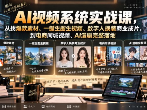 AI视频系统实战课，从找爆款素材、一键生图生视频、数字人换装商业成片，到电商同城视频、AI漫剧完整落地