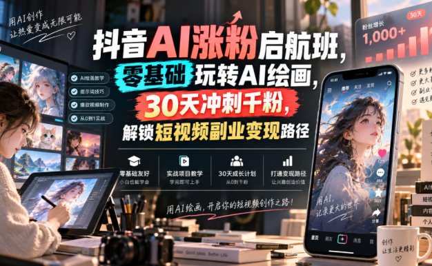 抖音AI涨粉启航班,零基础玩转AI绘画,30天冲刺千粉,解锁短视频副业变现路径