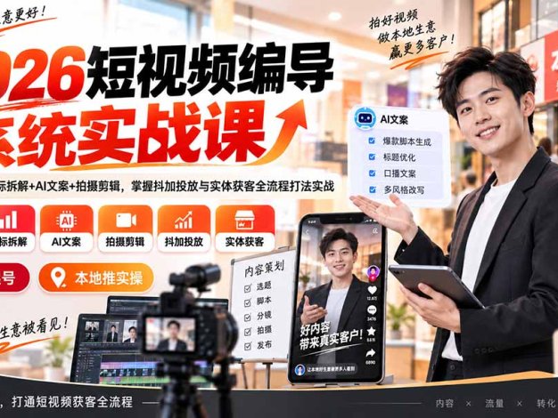 2026短视频编导系统实战课:账号定位+对标拆解+AI文案+拍摄剪辑,掌握抖加投放与实体获客全流程打法实战