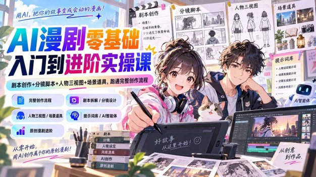 AI漫剧零基础入门到进阶实操课:剧本创作+分镜脚本+人物三视图+场景道具,跑通完整创作流程