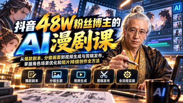 抖音48W粉丝博主的AI漫剧课:从爆款剧本、分镜画面到视频生成与剪辑发布,掌握角色场景优化和短片持续创作全方法