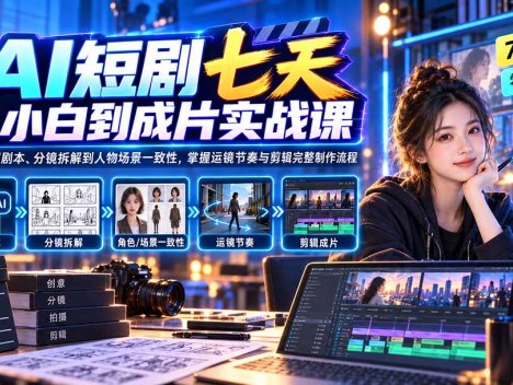 AI短剧七天从小白到成片实战课：从豆包写剧本、分镜拆解到人物场景一致性，掌握运镜节奏与剪辑完整制作流程