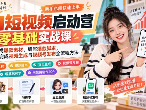AI短视频启动营零基础实战课：学会寻找爆款素材、编写爆款脚本，用豆包完成视频生成与视频号发布全流程方法