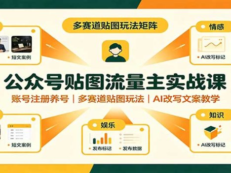 公众号贴图流量主实战课：账号注册养号，多赛道贴图玩法，AI改写文案教学