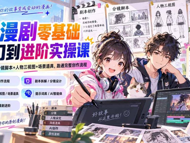 AI漫剧零基础入门到进阶实操课:剧本创作+分镜脚本+人物三视图+场景道具,跑通完整创作流程