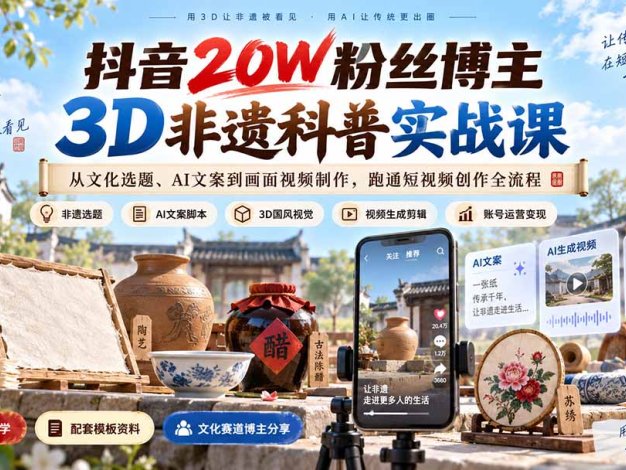抖音20W粉丝博主3D非遗科普实战课:从文化选题、AI文案到画面视频制作,跑通短视频创作全流程