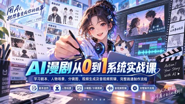 AI漫剧从0到1系统实战课:学习剧本、人物场景、分镜图、视频生成及音视频剪辑,完整跑通制作流程