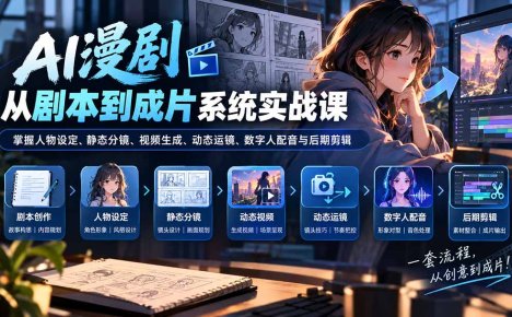 AI漫剧从剧本到成片系统实战课:掌握人物设定、静态分镜、视频生成、动态运镜、数字人配音与后期剪辑