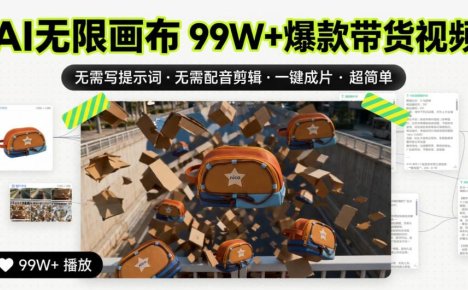 AI无限画布99W+爆款带货视频,无需写提示词·无需配音剪辑·一键成片·超简单