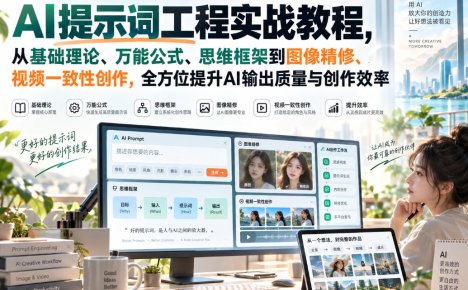 AI提示词工程实战教程,从基础理论、万能公式、思维框架到图像精修、视频一致性创作,全方位提升AI输出质量与创作效率