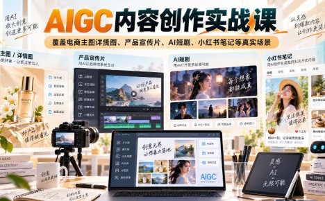 AIGC内容创作实战课,覆盖电商主图详情图、产品宣传片、AI短剧、小红书笔记等真实场景