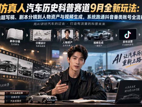 AI仿真人汽车历史科普赛道9月全新玩法：从选题写稿、剧本分镜到人物资产与视频生成，系统跑通抖音垂类账号全流程